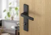 A close-up of a black door handle with a key inserted, mounted on a light wood door. The background is blurred, showing a room with a window and plants. Produktbild-Vorschau