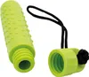 A bright green silicone dog toy, a hollow tube with a textured surface, and its cap are shown against a white background. The cap is attached to the tube by a black cord. Produktbild-Vorschau