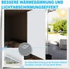 A split image showing a bedroom with a roller blind and an outdoor scene with a patio. Produktbild-Vorschau