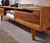 Lowboard Sheesham Massivholz 145x43x35cm TV-Kommode Modern in Gesamtansicht mit offenen Fächern und geschlossenen Schubladen. Anteprima dell’immagine prodotto
