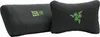 Two black pillows with green logos and text, one is a lumbar pillow and the other is a headrest pillow. Produktbild-Vorschau