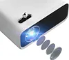 Close-up of a white projector with its lens emitting a blue light. Voir les images du produit