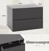 A diagram showing the dimensions of a gray bedside table with two drawers, along with a close-up view of an open drawer. Anteprima dell’immagine prodotto