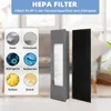 A HEPA filter and its components are displayed with text and icons illustrating what it filters. Produktbild-Vorschau