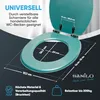 A turquoise toilet seat and lid are shown open, with dimensions and feature callouts overlaid. Náhled obrázku produktu