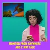 A woman is looking at her phone, with a screen showing a video feed in the background. The text "MONITOR FROM ANYWHERE AND 2-WAY TALK" is displayed at the bottom. Produktbild-Vorschau
