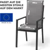 A gray chair cushion is shown on a chair, with dimensions indicated by text overlays. Produktbild-Vorschau