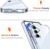 Collage of images showing a clear phone case with text highlighting its features. Produktbild-Vorschau
