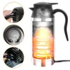 A collage showing a portable electric kettle, its lid mechanism, the SUS 304 stainless steel interior, and its connection to a car's cigarette lighter socket. Náhled obrázku produktu