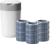 A white and gray diaper pail with multiple refill cartridges. Produktbild-Vorschau