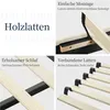 A collage of four images showcasing features of a bed frame, including its wooden slats and assembly. Produktbild-Vorschau