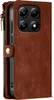 A brown leather wallet case for a smartphone, shown from the side with the camera module visible. Produktbild-Vorschau