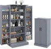 A gray pantry cabinet with its doors open, displaying shelves filled with various food items and kitchenware. A smaller, closed version of the same cabinet is shown to the right. Produktbild-Vorschau