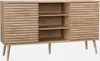 A light brown wooden sideboard with slatted sliding doors and three open shelves. Anteprima dell’immagine prodotto