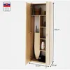 A tall, narrow cabinet with two doors, open to reveal storage shelves and an ironing board. Dimensions are indicated. Produktbild-Vorschau