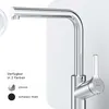 A close-up studio shot of a chrome kitchen faucet against a white and light gray background. Text overlays indicate available colors. Produktbild-Vorschau