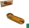A wooden bowling game with pins and a ball on a track, shown with its packaging. Produktbild-Vorschau
