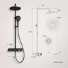 A technical drawing and a product image of a black shower system. Anteprima dell’immagine prodotto