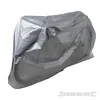 A silver-colored motorcycle cover is shown from a side-diagonal angle against a white background. Produktbild-Vorschau