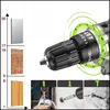 A collage of images showing a cordless drill, its settings, and examples of its use on different materials. Produktbild-Vorschau