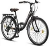 A black city bike with a brown seat and a rear rack is shown against a white background. Produktbild-Vorschau