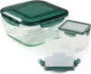 Three transparent food storage containers with green lids and clasps are arranged on a white background. Produktbild-Vorschau