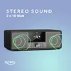 A product shot of a stereo system with marketing text and graphics. Voir les images du produit