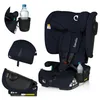 A collage of images showing a navy blue car seat and its accessories, including a bottle holder and a base. Produktbild-Vorschau
