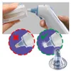 A hand holding a box of thermometer covers and a Braun ThermoScan 7 ear thermometer. Two circular insets show correct and incorrect usage of the thermometer covers. Produktbild-Vorschau