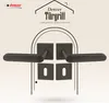 A marketing image showcasing a set of black door handles with square rosettes, presented within a stylized archway. Produktbild-Vorschau