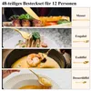 A collage of four images showing different types of cutlery (knife, fork, spoon, dessert spoon) with food. Produktbild-Vorschau