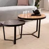 Couchtisch Set 2-teilig Akazie mit rundem Holztablett und schwarzem Metallgestell in Gesamtansicht. Produktbild-Vorschau