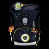 A black school backpack with a space-themed pattern, featuring various space-related graphics and accessories, including a glowing circular light. Voir les images du produit