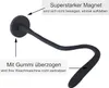 A black flexible support arm with a magnetic base, used to hold a washing machine door open. Text labels highlight its features. Produktbild-Vorschau