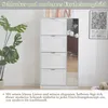 A white shoe cabinet with a mirrored side, placed in a room with a plant and a framed picture on the wall. Produktbild-Vorschau