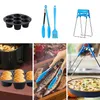 Collage of kitchen and grilling accessories, including an air fryer basket, muffin tin, tongs, brush, grill tools, and a pizza pan lifter. Voir les images du produit
