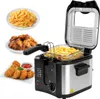 A collage of images showing a deep fryer with french fries, chicken wings, and chicken nuggets. Produktbild-Vorschau
