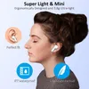A woman is wearing white earbuds, with marketing text and icons around her. Produktbild-Vorschau