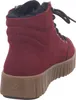 A rear-side view of a red boot with a thick brown sole and black laces. Produktbild-Vorschau