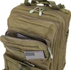 A close-up view of a green military-style backpack, showing its front pockets and an American flag patch. Voir les images du produit