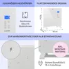 Collage of marketing images showing features and dimensions of a white electric heater. Voir les images du produit