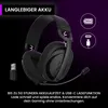 A black gaming headset is shown against a dark background with purple accents and text highlighting its features. Produktbild-Vorschau