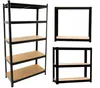 A collage of three different shelving units, all with black metal frames and light brown shelves.