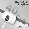 A white charging case for wireless earbuds is shown with a single earbud and a charging cable. Text overlays highlight product features. Produktbild-Vorschau