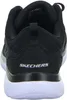 The back view of a black Skechers sports shoe with a white sole. Produktbild-Vorschau