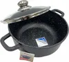 A black speckled pot with a glass lid, shown from a slightly elevated side angle against a white background. There are two tags attached to the pot. Náhled obrázku produktu