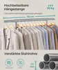 A close-up of a clothing rack with various garments hanging on it, with descriptive text and diagrams about the product's features. Produktbild-Vorschau