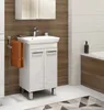 A modern bathroom vanity with a sink and cabinet, set against a wood-paneled wall and white tiled wall. Produktbild-Vorschau