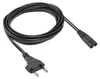 A black power cord is coiled and laid out on a white background. Produktbild-Vorschau