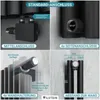 A collage of four images showing different connection types, mounting options, and dimensions of a black radiator. Produktbild-Vorschau